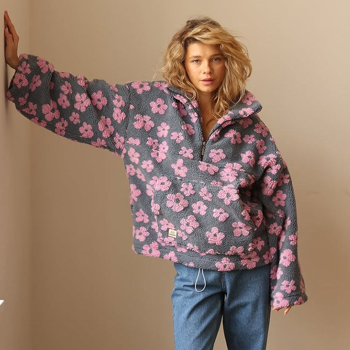 Pia | Women's Knit Cozy Floral Quarter Zip Sweaters — Pink