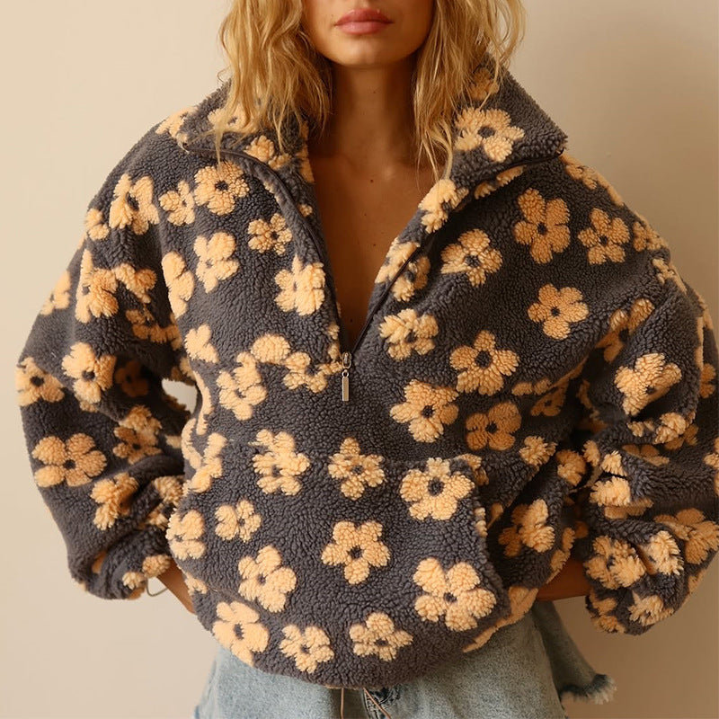 Pia | Women's Knit Cozy Floral Quarter Zip Sweaters — Yellow