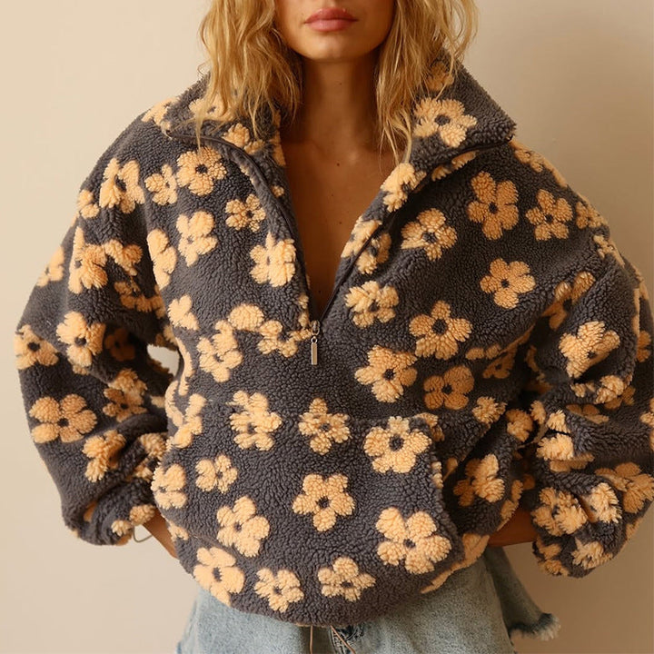 Pia | Women's Knit Cozy Floral Quarter Zip Sweaters — Yellow
