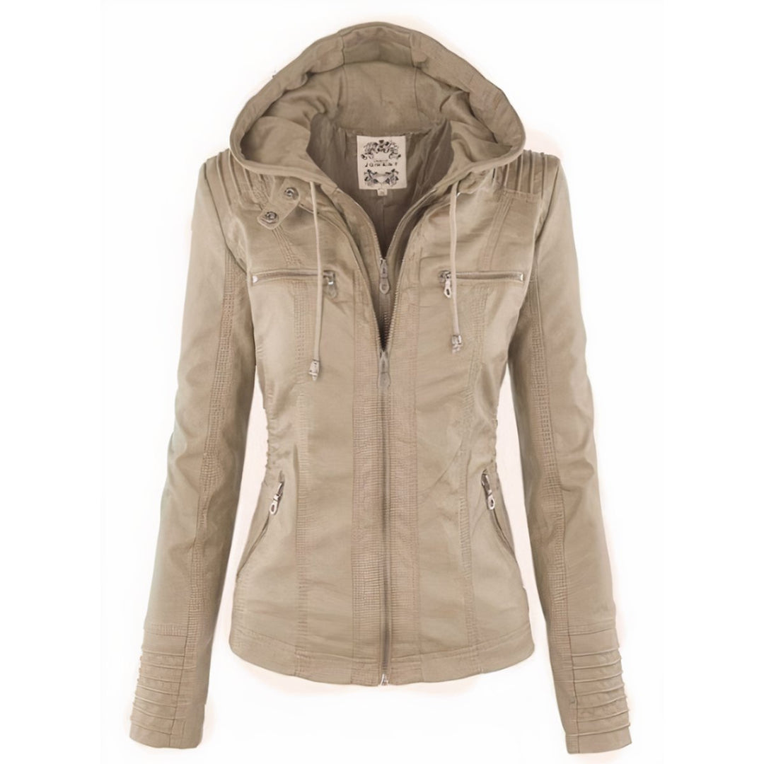 Pietsia | Women's Casual Stretch Versatile And Warm Leather Jacket With Removable Hood Top — Beige