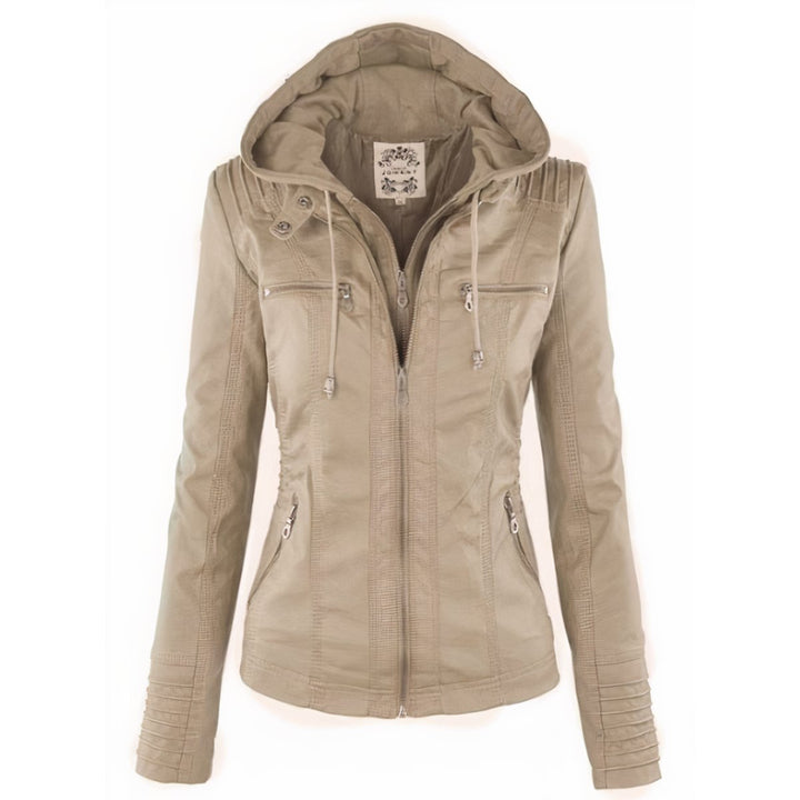Pietsia | Women's Casual Stretch Versatile And Warm Leather Jacket With Removable Hood Top — Beige