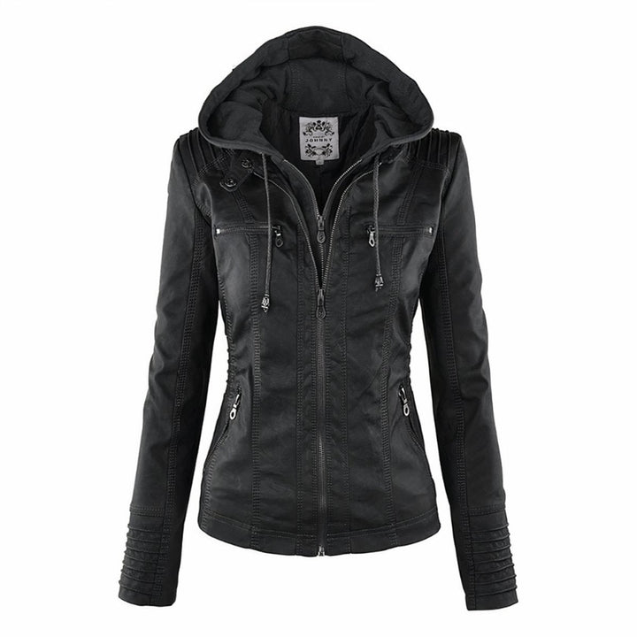 Pietsia | Women's Casual Stretch Versatile And Warm Leather Jacket With Removable Hood Top — Black