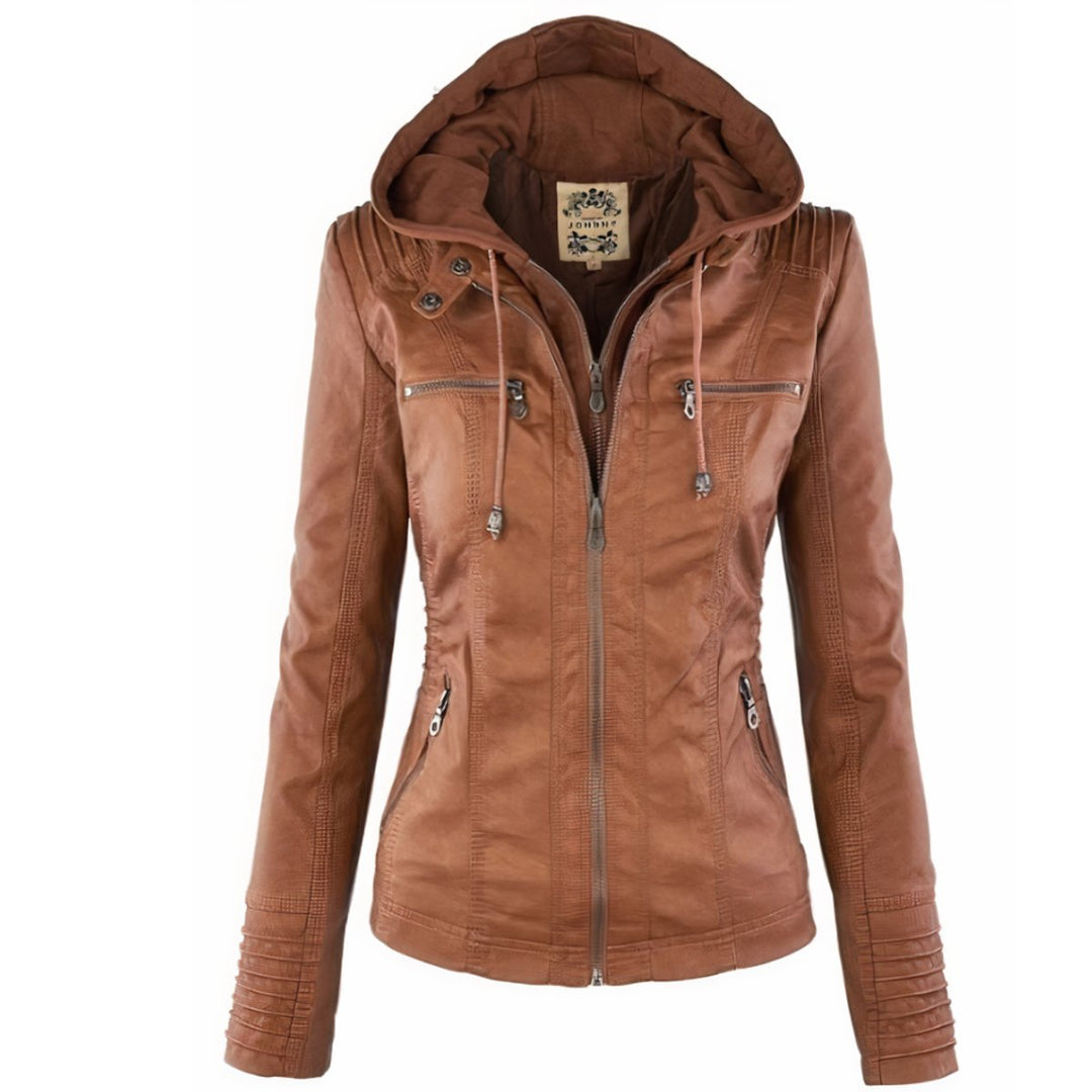 Pietsia | Women's Casual Stretch Versatile And Warm Leather Jacket With Removable Hood Top — 1