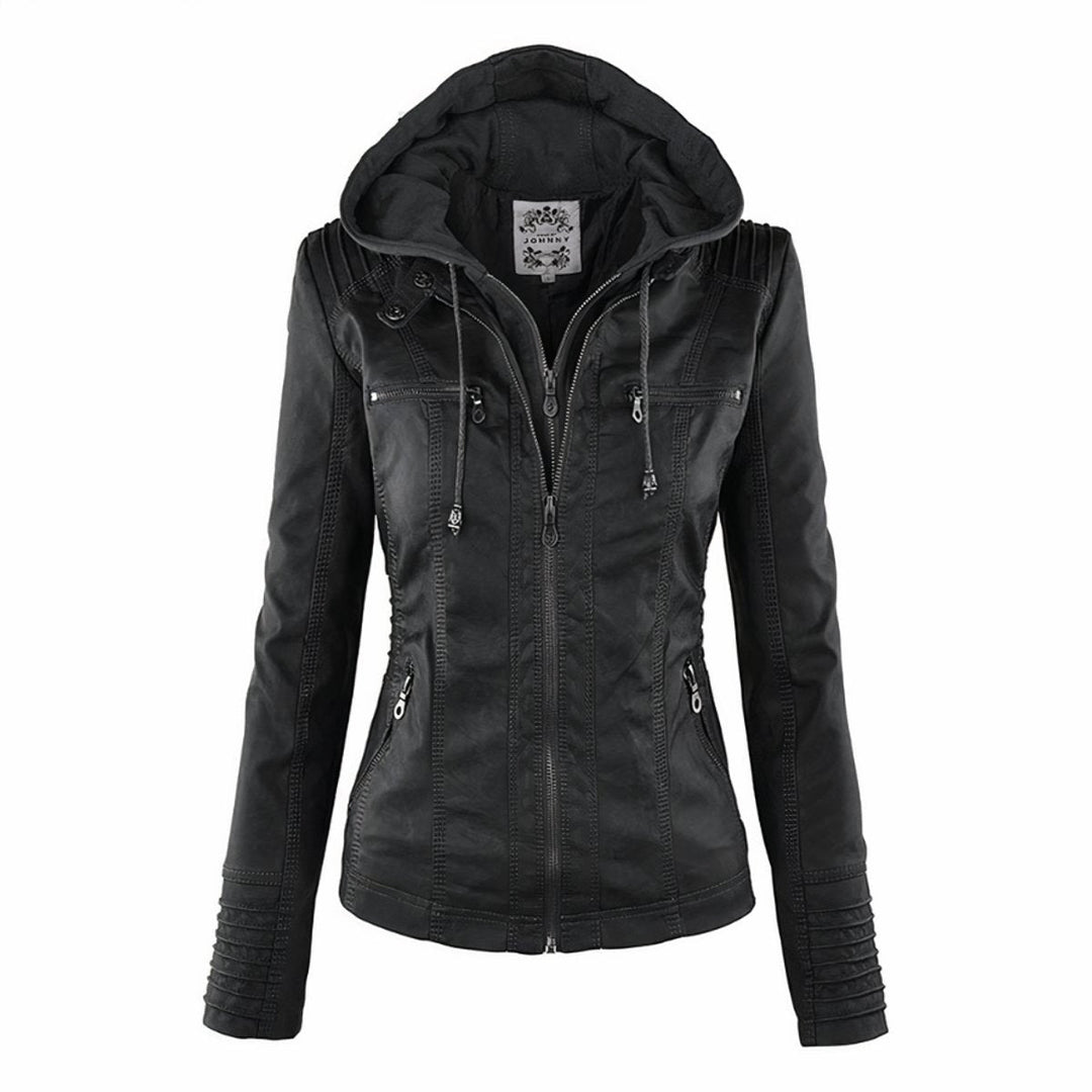 Pietsia | Women's Casual Stretch Versatile And Warm Leather Jacket With Removable Hood Top — 2