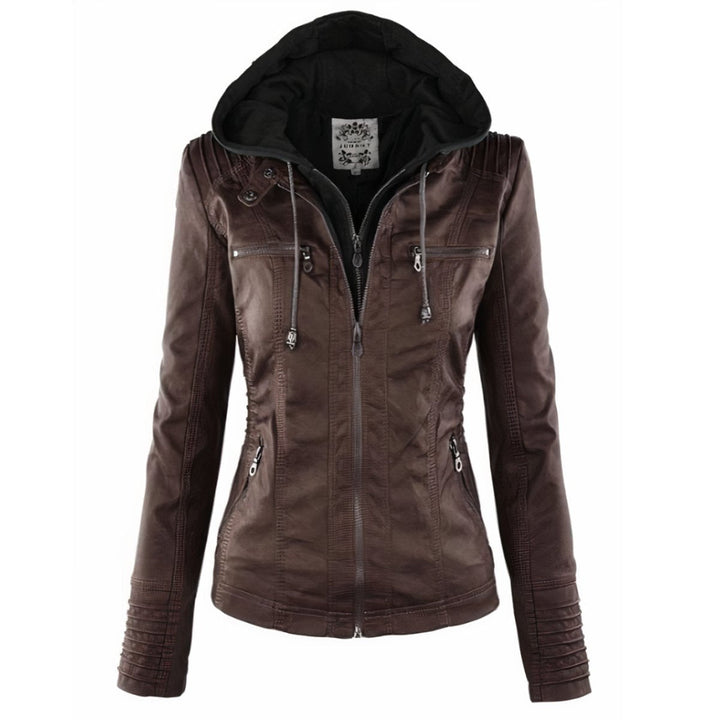 Pietsia | Women's Casual Stretch Versatile And Warm Leather Jacket With Removable Hood Top — Dark Brown