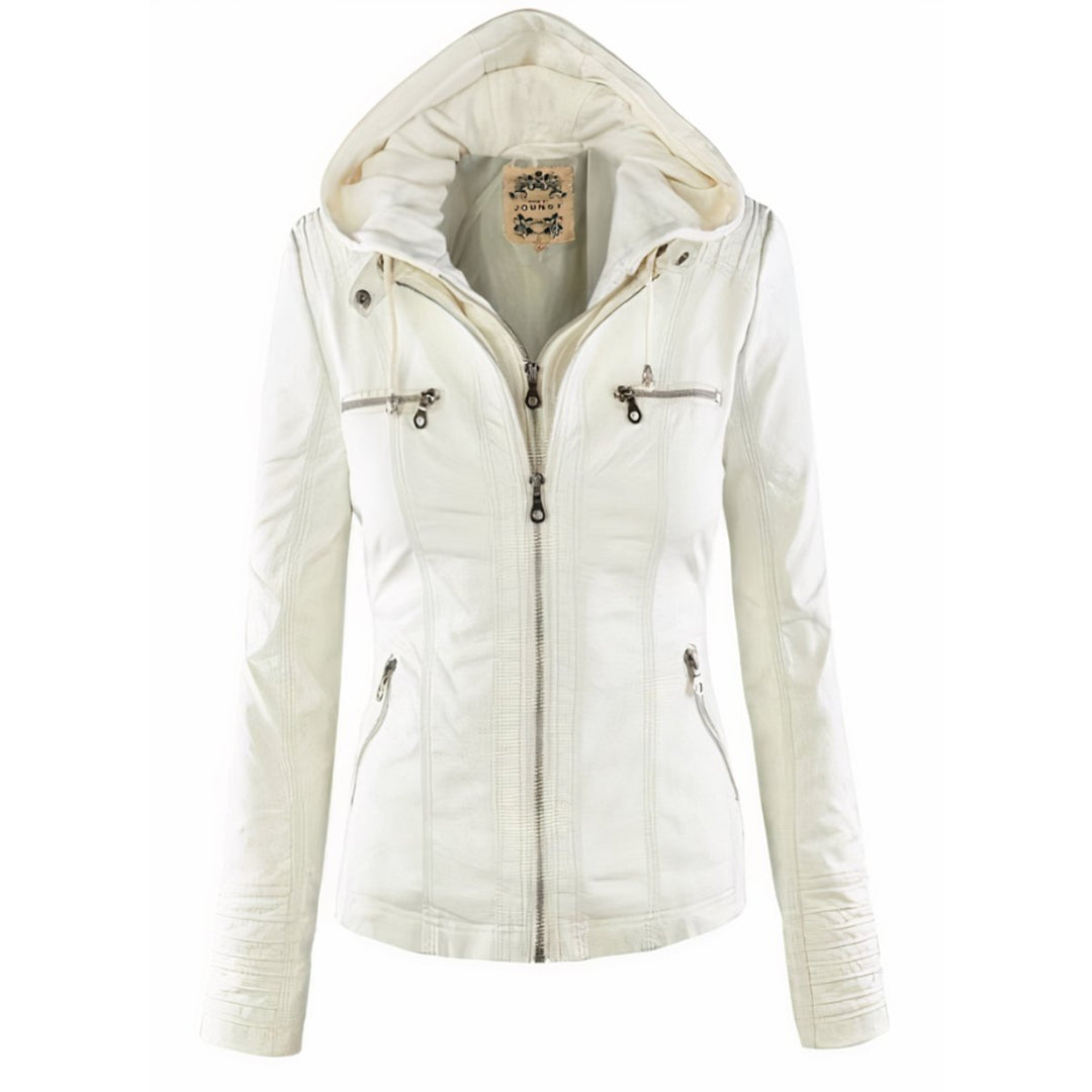 Pietsia | Women's Casual Stretch Versatile And Warm Leather Jacket With Removable Hood Top — White