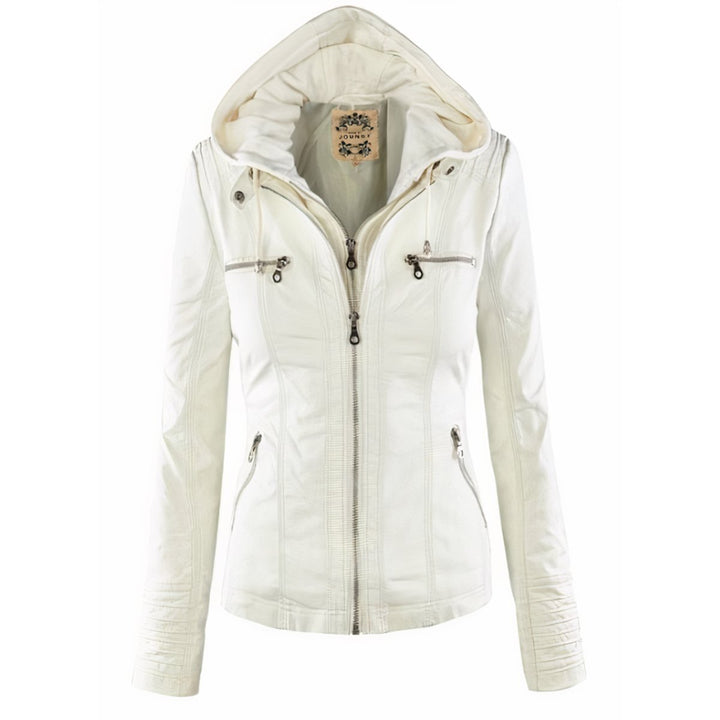 Pietsia | Women's Casual Stretch Versatile And Warm Leather Jacket With Removable Hood Top — White