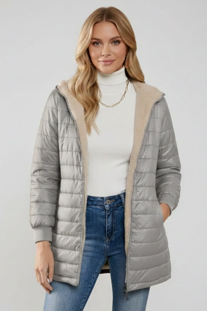 Prynienne | Women's Jacket with Hood and Zip Closure — Grey