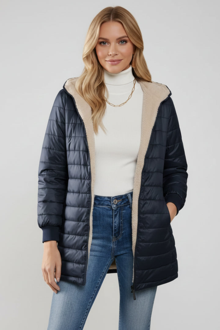 Prynienne | Women's Jacket with Hood and Zip Closure — Navy Blue