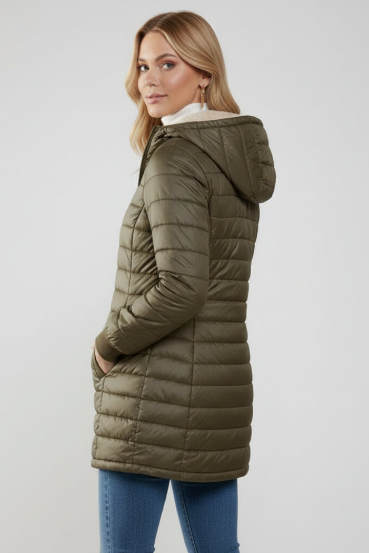 Prynienne | Women's Jacket with Hood and Zip Closure — Olive Green