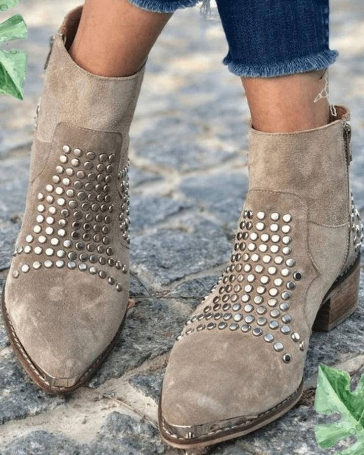 Prynora | Women's Studded Pointed Block Heel Boots — 1