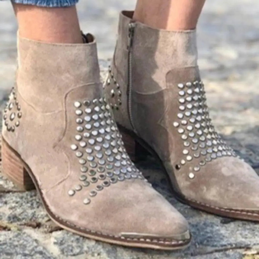 Prynora | Women's Studded Pointed Block Heel Boots — 2