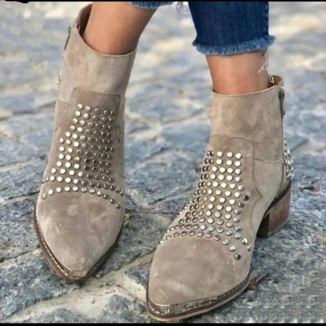 Prynora | Women's Studded Pointed Block Heel Boots — Grey