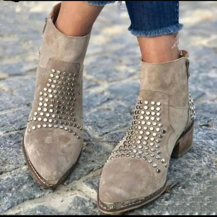 Prynora | Women's Studded Pointed Block Heel Boots — Grey