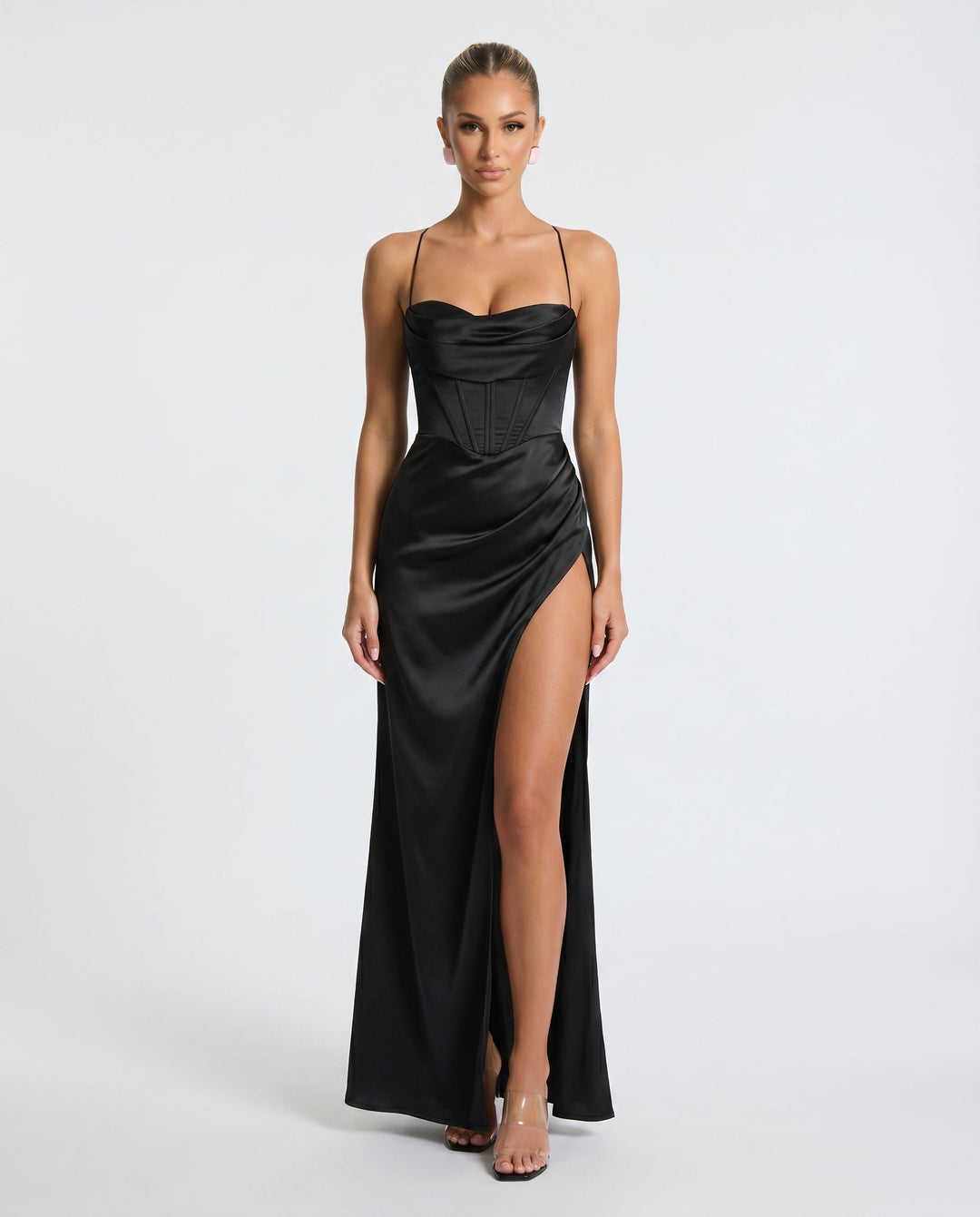 Quenvia — A-Line Ruched Burgundy Maxi