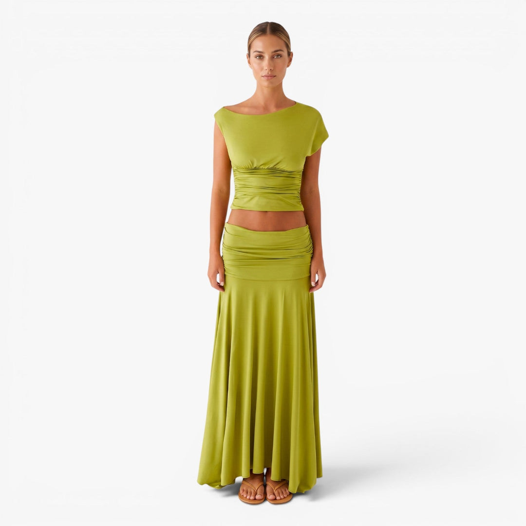 Quinn | Women's High-Waist Ruched Crop Top and Maxi Skirt Set — 1