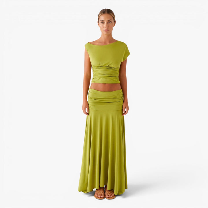 Quinn | Women's High-Waist Ruched Crop Top and Maxi Skirt Set — 1