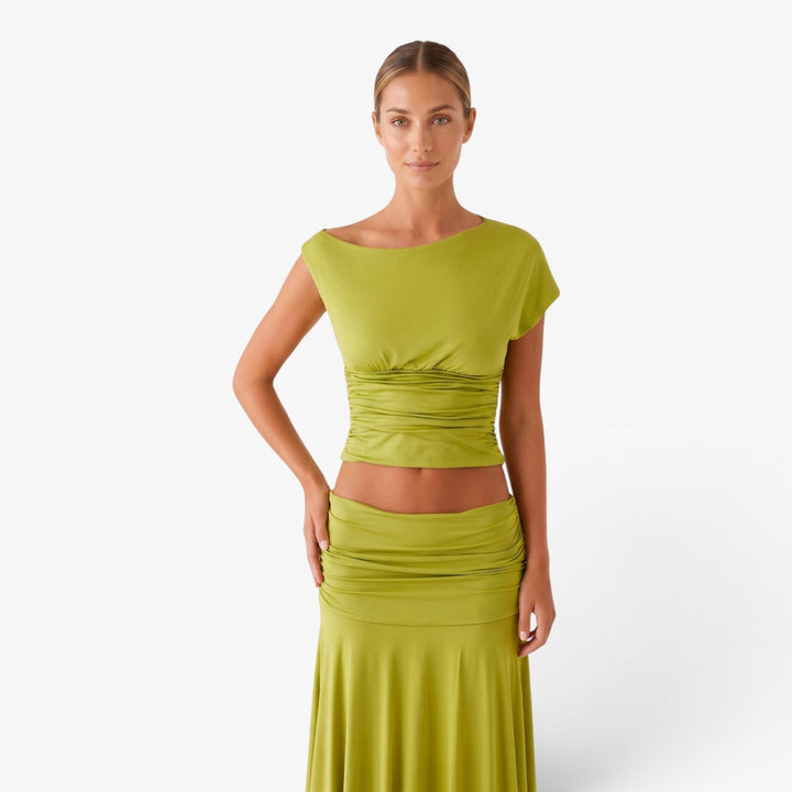 Quinn | Women's High-Waist Ruched Crop Top and Maxi Skirt Set — 2
