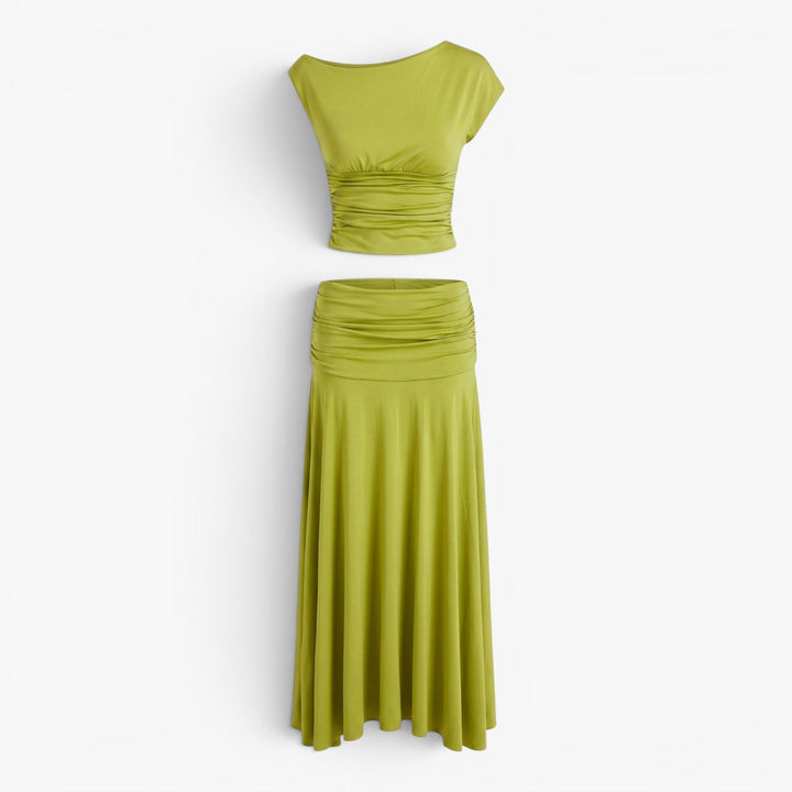 Quinn | Women's High-Waist Ruched Crop Top and Maxi Skirt Set — Green