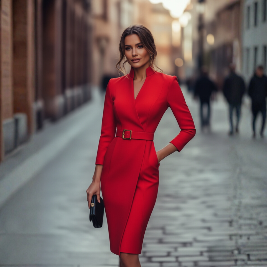 Woman showcasing a fitted midi dress with practical pocket details on a plain background.