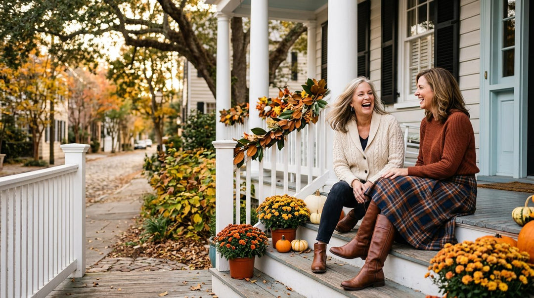 Two friends on a Charleston porch in fall knitwear