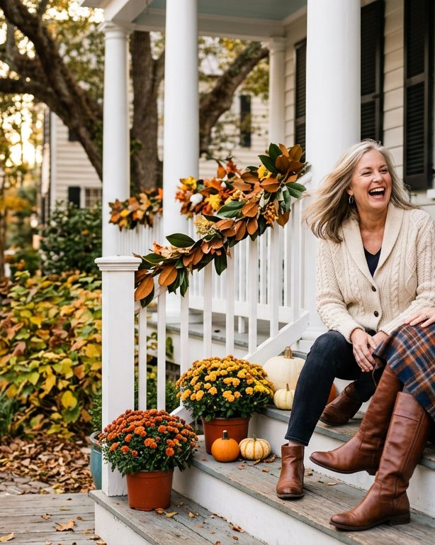 Two friends on a Charleston porch in fall knitwear