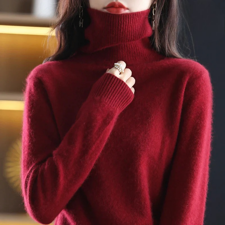 Renethnia | Women's Knit Cozy Classic Fitted Turtleneck Sweater – 16 Colors — Burgundy