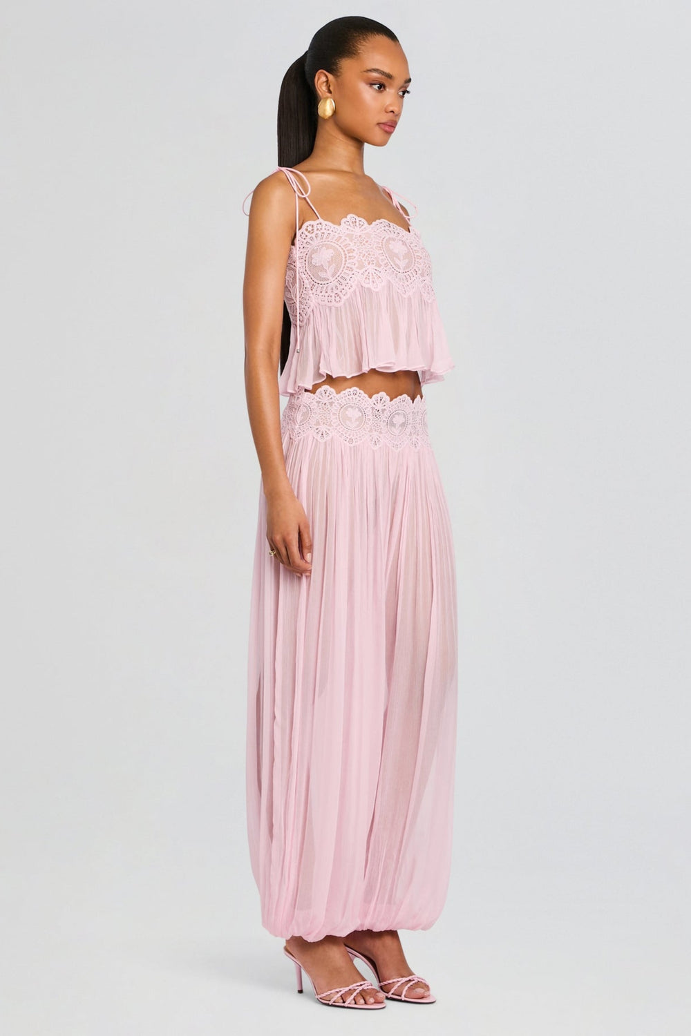 Renetholde | Chiffon Lace-Trim Cami & Wide-Leg Pants Two-Piece Set
