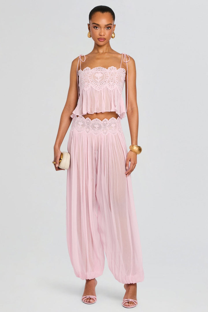 Renetholde | Chiffon Lace-Trim Cami & Wide-Leg Pants Two-Piece Set