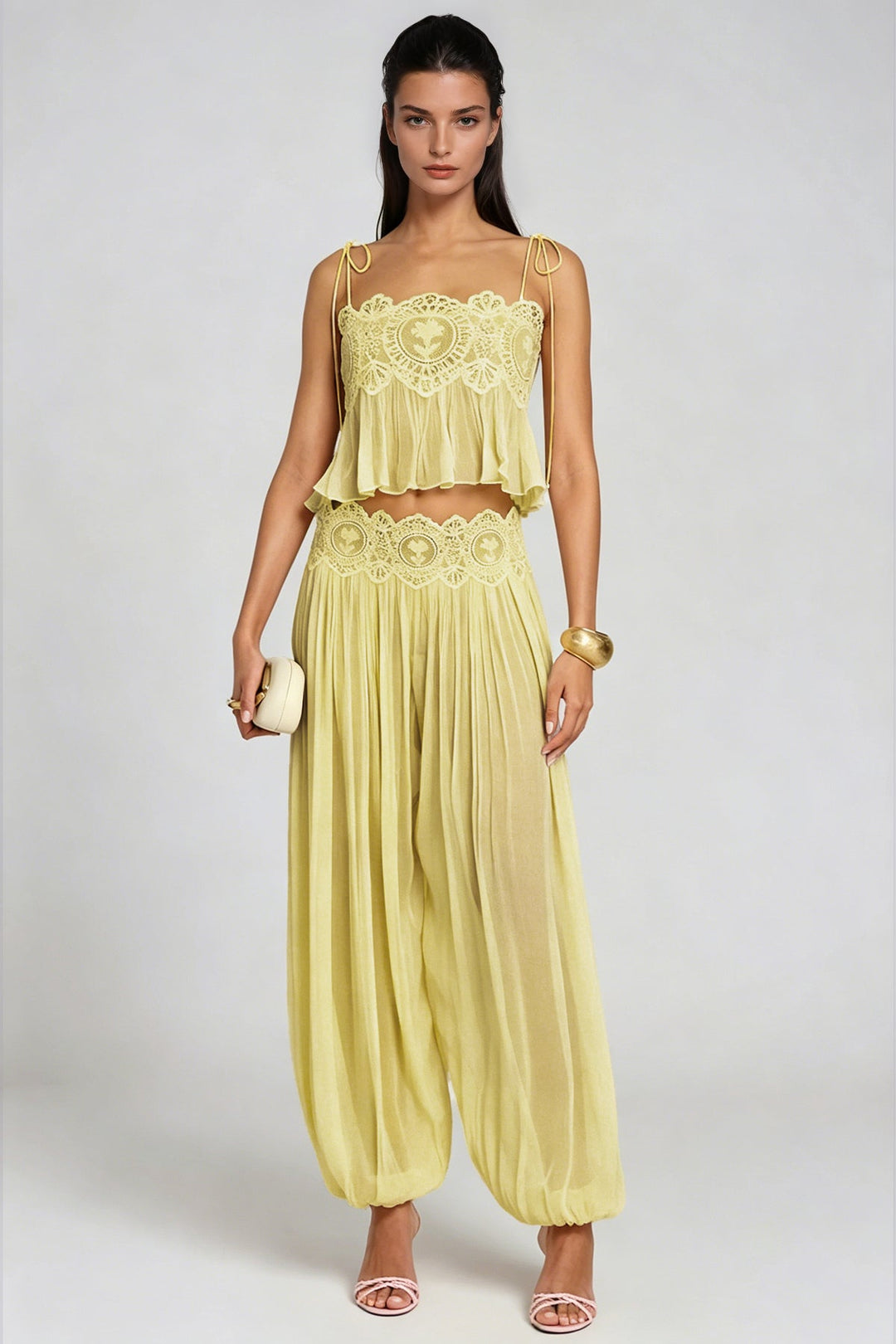 Renetholde | Chiffon Lace-Trim Cami & Wide-Leg Pants Two-Piece Set