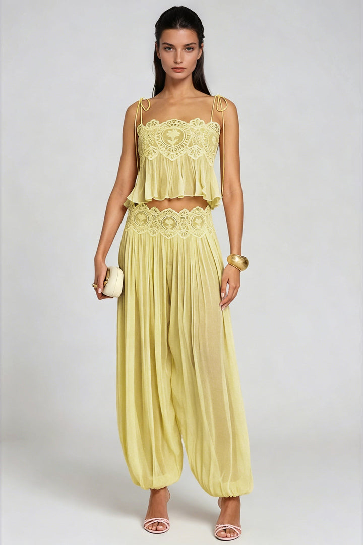 Renetholde | Chiffon Lace-Trim Cami & Wide-Leg Pants Two-Piece Set