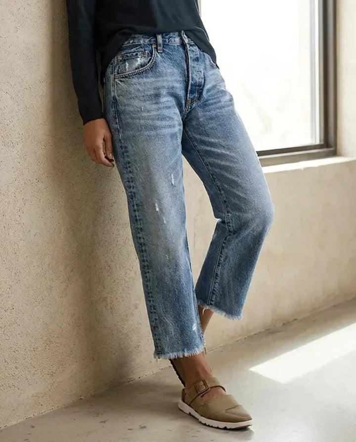 Renethstine | Women's High-Waist Cropped Distressed Straight Leg Jeans — Blue