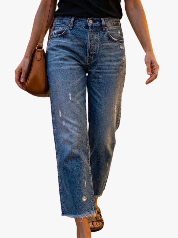 Renethstine | Women's High-Waist Cropped Distressed Straight Leg Jeans — 1