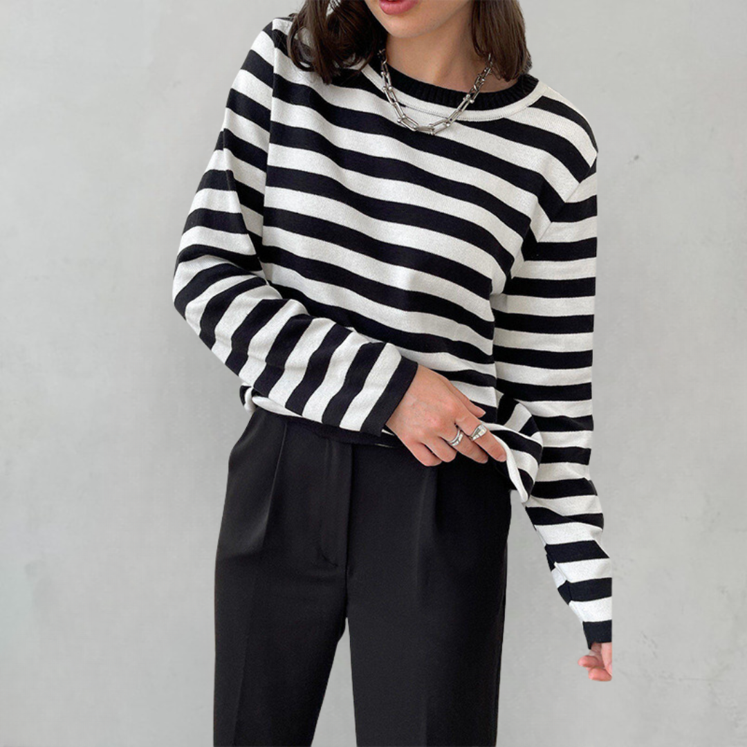 Rhealora | Women's Cozy Striped Knit Sweater Long Sleeve Crew Neck sweater — Black