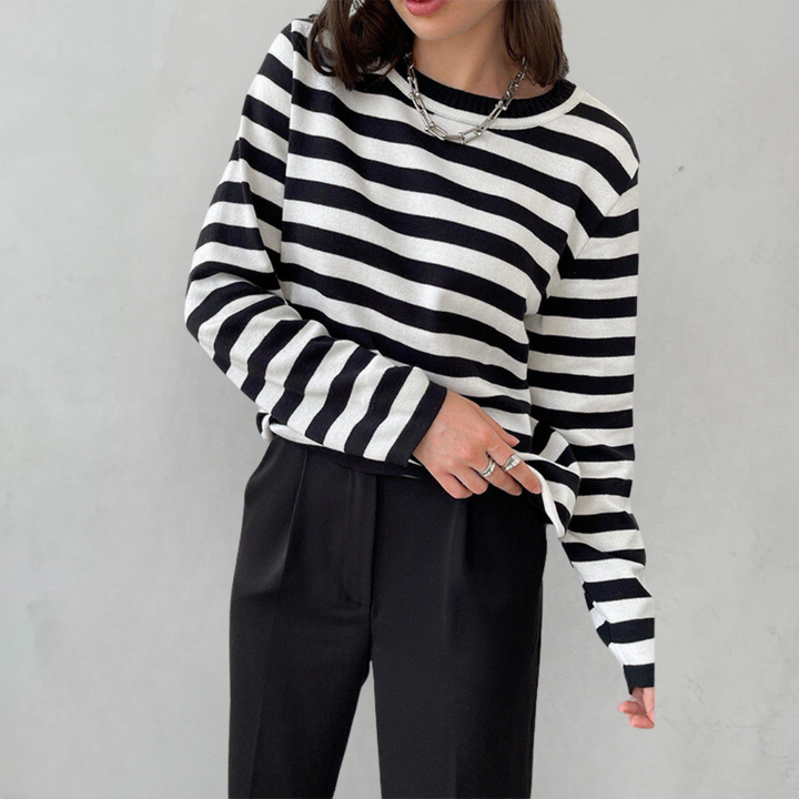 Rhealora | Women's Cozy Striped Knit Sweater Long Sleeve Crew Neck sweater — Black