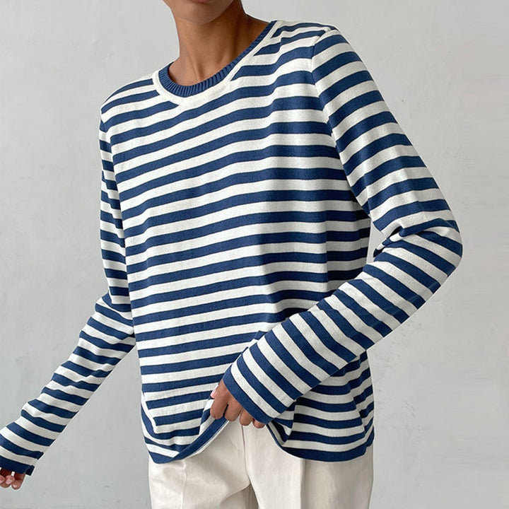 Rhealora | Women's Cozy Striped Knit Sweater Long Sleeve Crew Neck sweater — Blue
