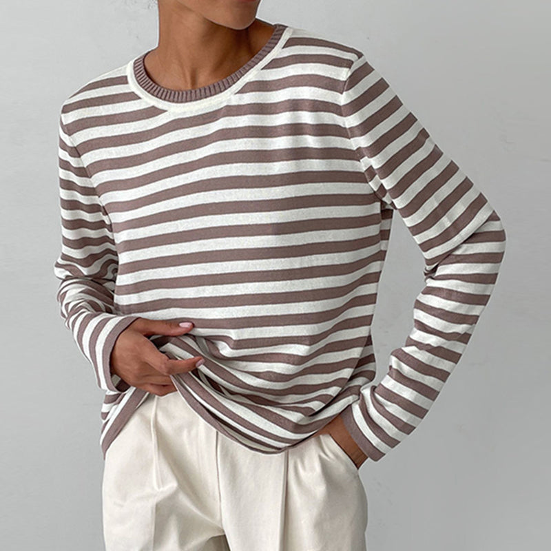 Rhealora | Women's Cozy Striped Knit Sweater Long Sleeve Crew Neck sweater — Brown