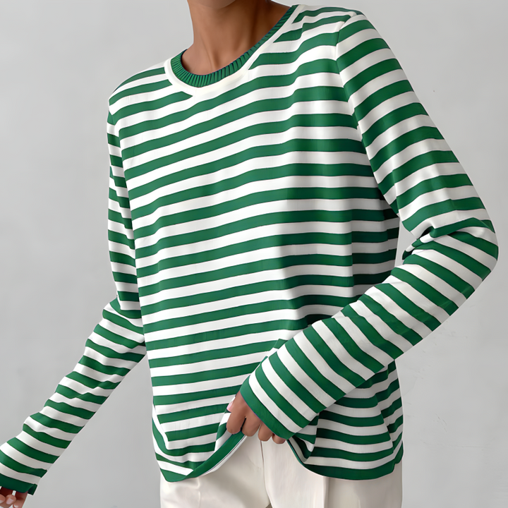 Rhealora | Women's Cozy Striped Knit Sweater Long Sleeve Crew Neck sweater — Green