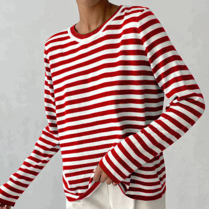 Rhealora | Women's Cozy Striped Knit Sweater Long Sleeve Crew Neck sweater — Red
