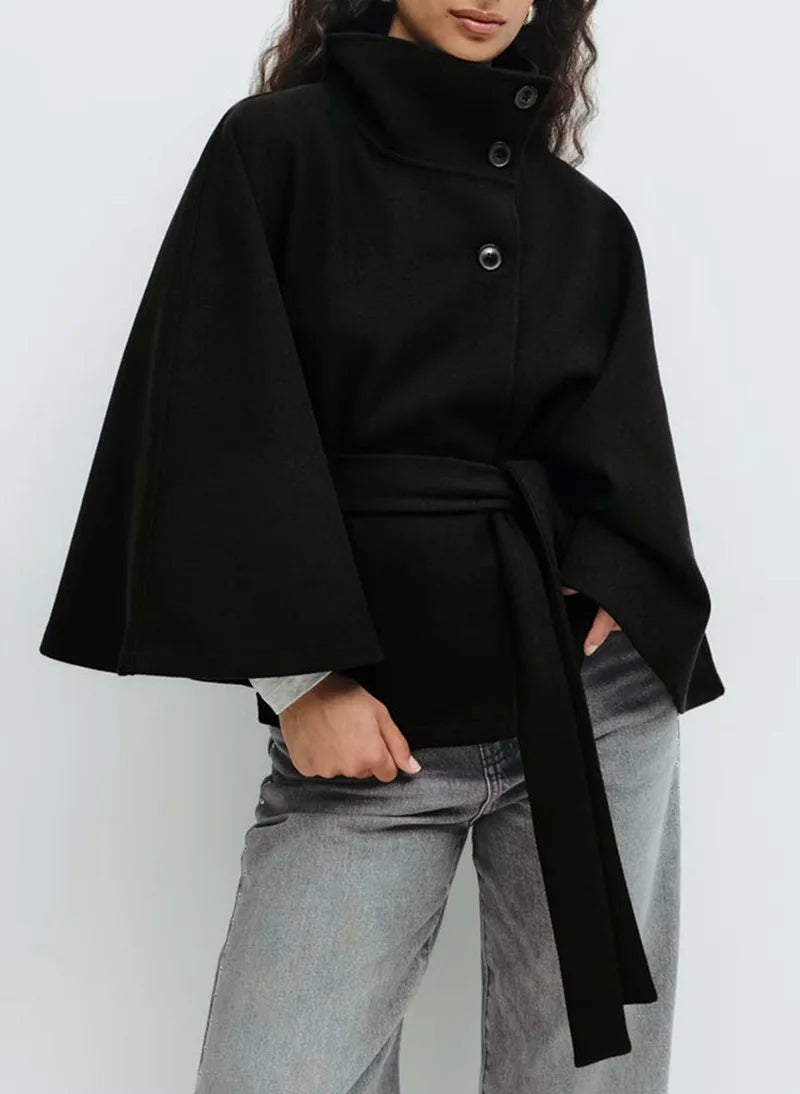 Rillaolde | Women's Stand Collar Windbreaker | Long Sleeve | Batwing Sleeves Coat — Black