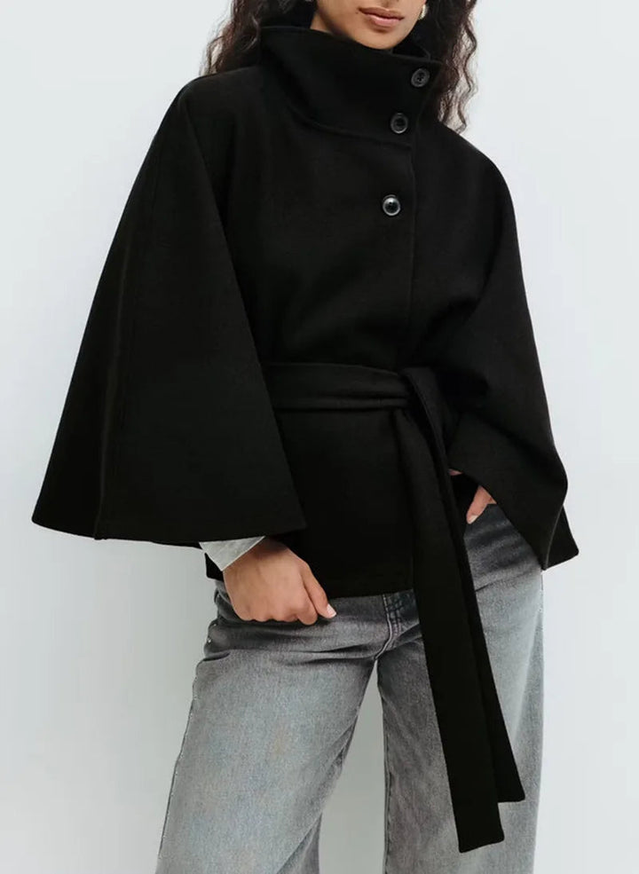 Rillaolde | Women's Stand Collar Windbreaker | Long Sleeve | Batwing Sleeves Coat — Black