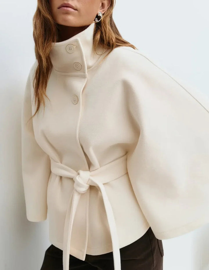 Rillaolde | Women's Stand Collar Windbreaker | Long Sleeve | Batwing Sleeves Coat — White