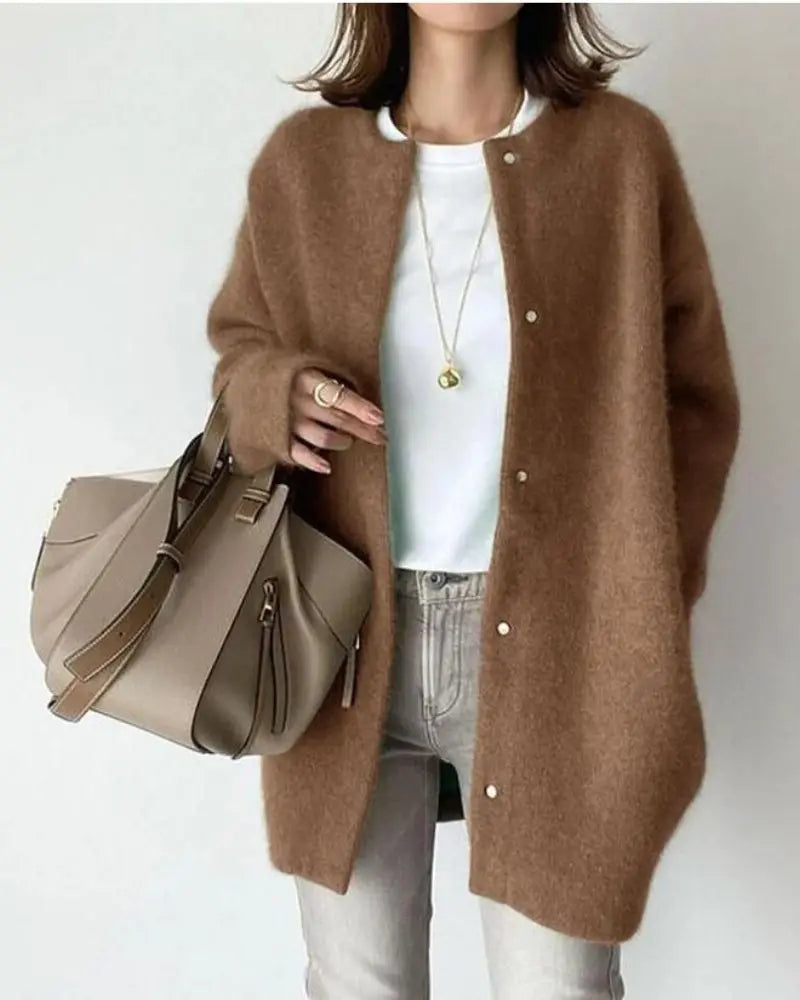 Rillaora | Women's Cozy Wool Blend Cardigan with Deep Pockets in a Relaxed Fit — Coffee
