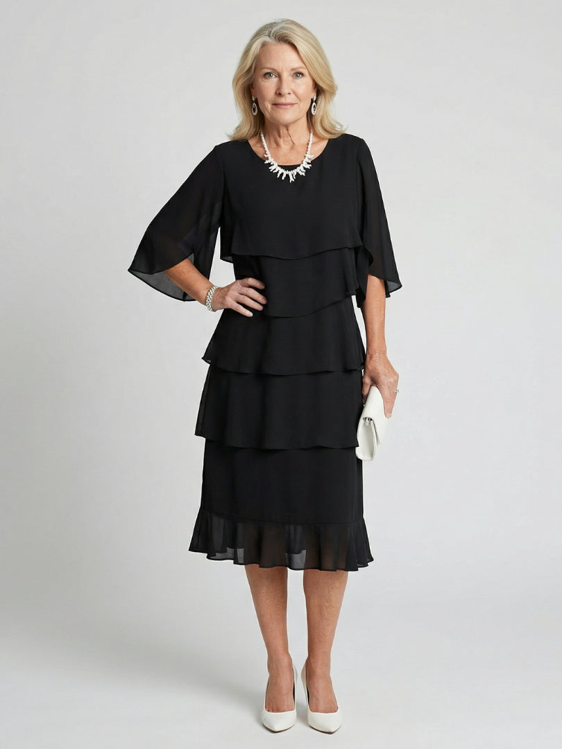 Romy | Women's Wedding Guest Elegant Tiered Midi Dress Dresses — Black