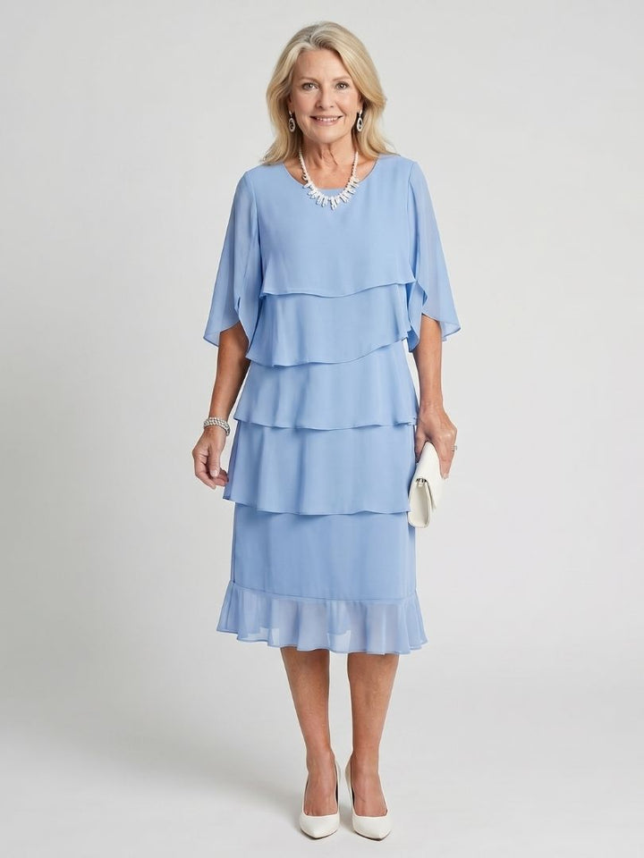 Romy | Women's Wedding Guest Elegant Tiered Midi Dress Dresses — Light Blue