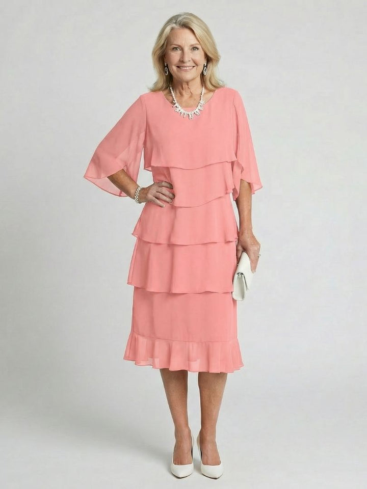 Romy | Women's Wedding Guest Elegant Tiered Midi Dress Dresses — Pink