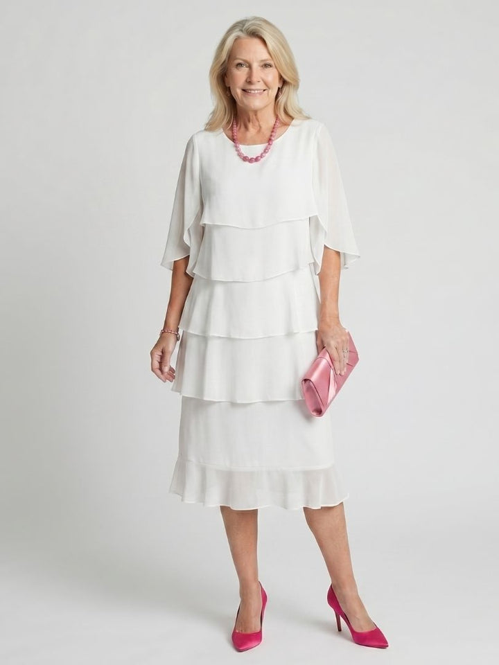 Romy | Women's Wedding Guest Elegant Tiered Midi Dress Dresses — White
