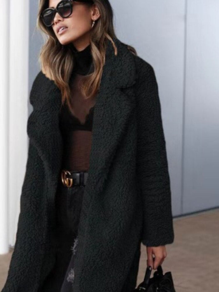 Rosaana | Women's Casual Stretch Fleece Teddy Coat Long Style Tops — Black