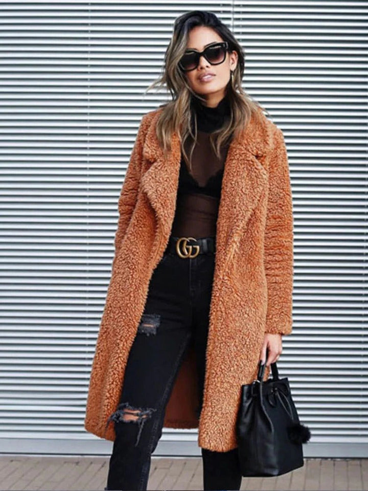 Rosaana | Women's Casual Stretch Fleece Teddy Coat Long Style Tops — Chocolate