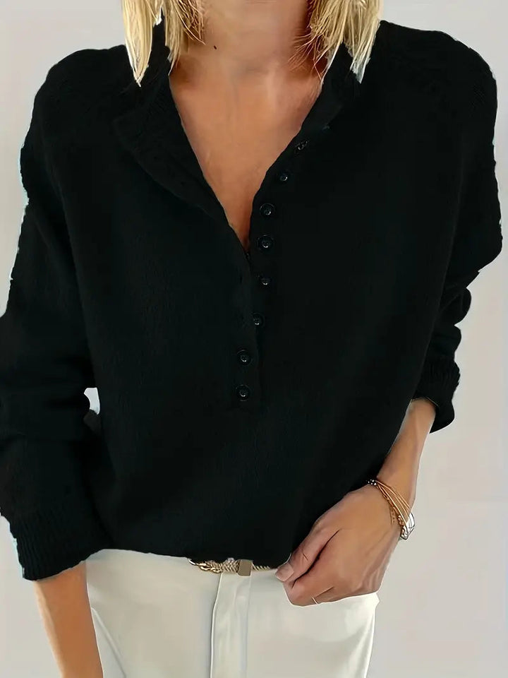 Rosaetta | Women's Casual Stretch Button Placket Jumper Top — Black